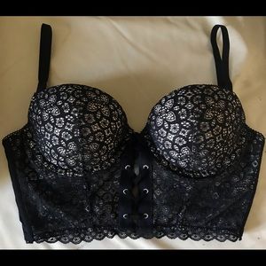 Victoria’s Secret black bra 34D padded Demi coussine bustier Lace Up  Zip Back